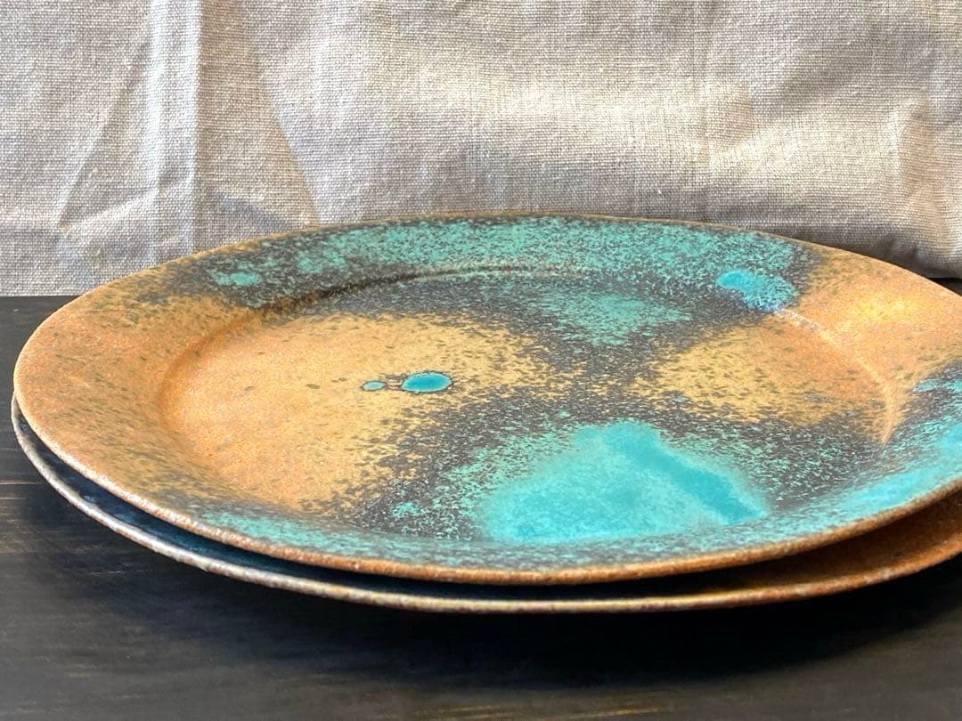 藤本羊子　Bオレンジターコイズブルー　大皿　作家もの　手びねり　プレート　貴重
