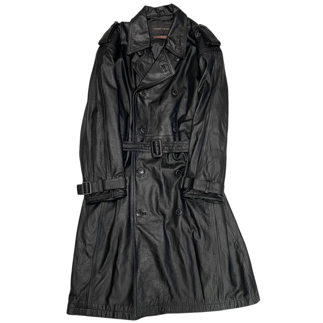 【vintage】牛革 本革 マキシ丈カウレザーダブルチェスターコート 黒 M