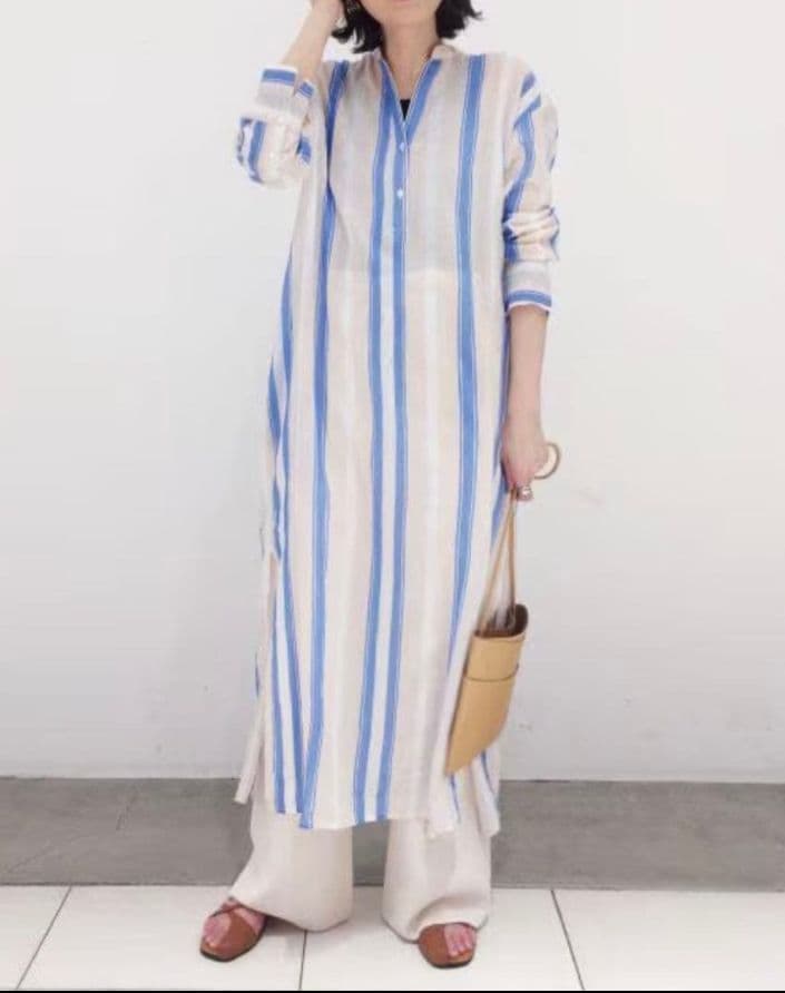 新品タグ付ꕤヌキテパ コットンボイルストライプクルタドレス ゆったりサイズ 38