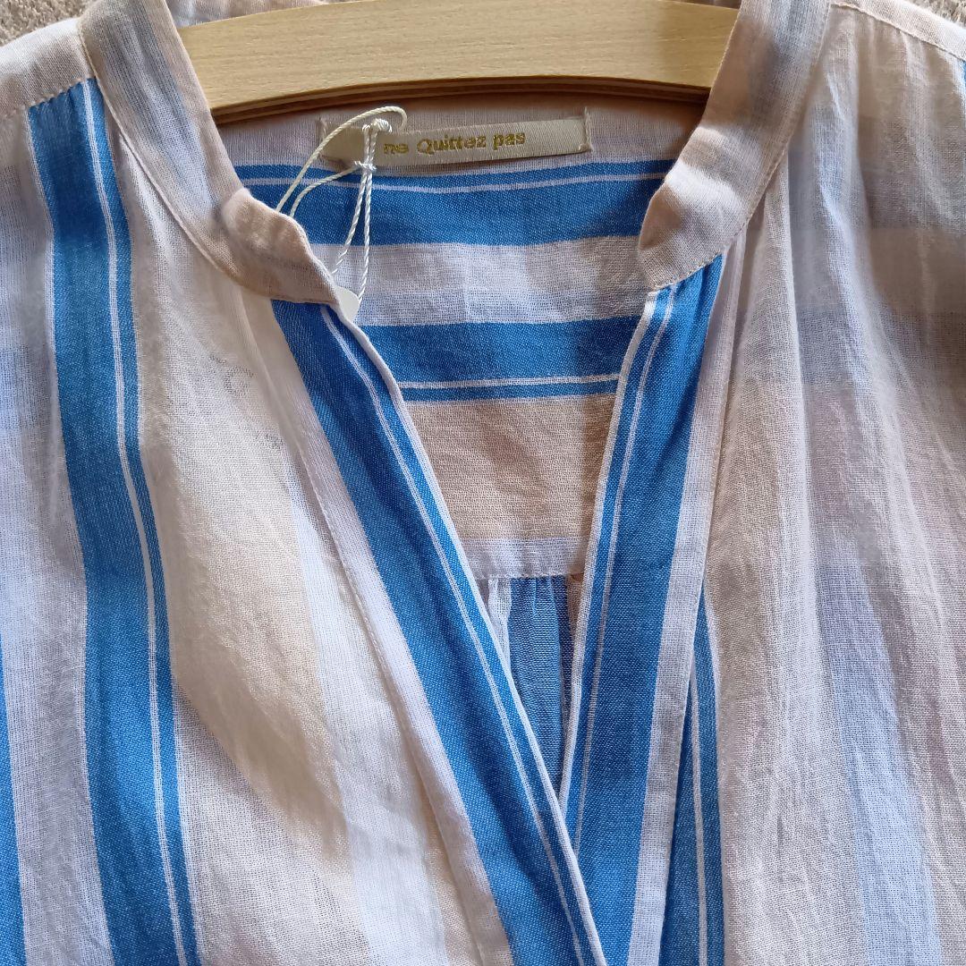 新品タグ付ꕤヌキテパ コットンボイルストライプクルタドレス ゆったりサイズ 38