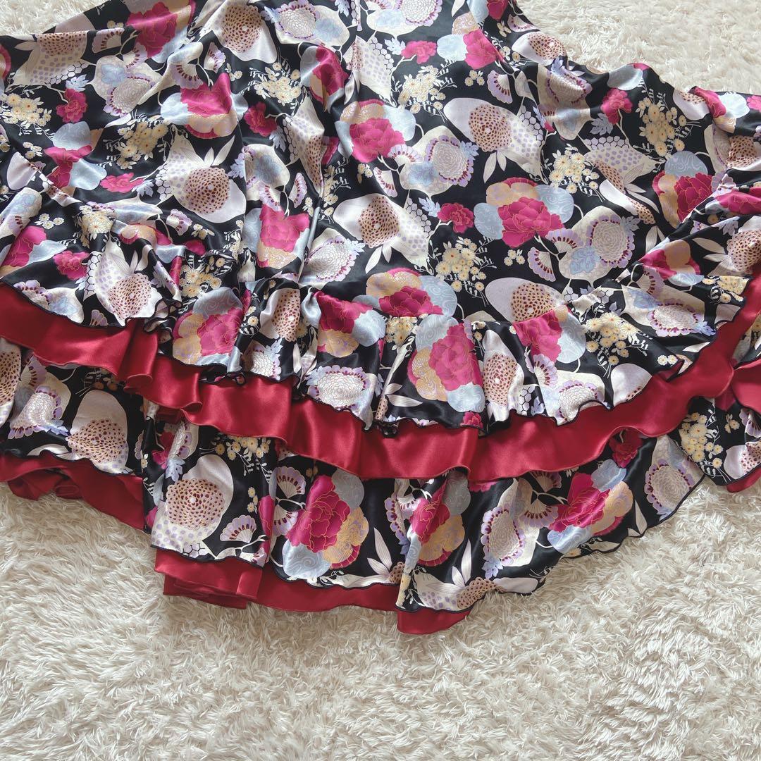 社交ダンス　スカート　フリル　和柄　花柄　フラメンコ　黒赤　ロング丈　ファルダ