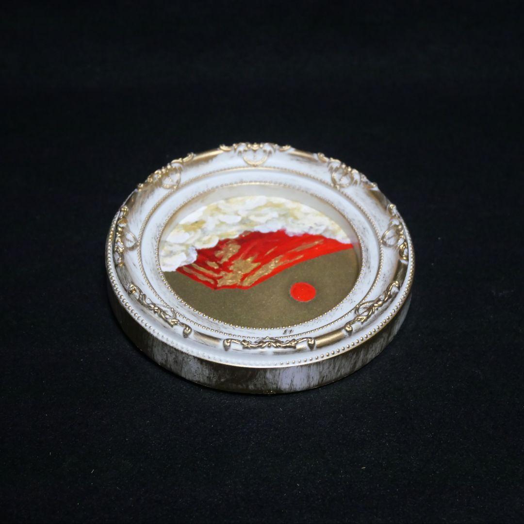 油絵 油彩 油彩画 絵 絵画 円形ミニ絵画 【赤富士】【金】