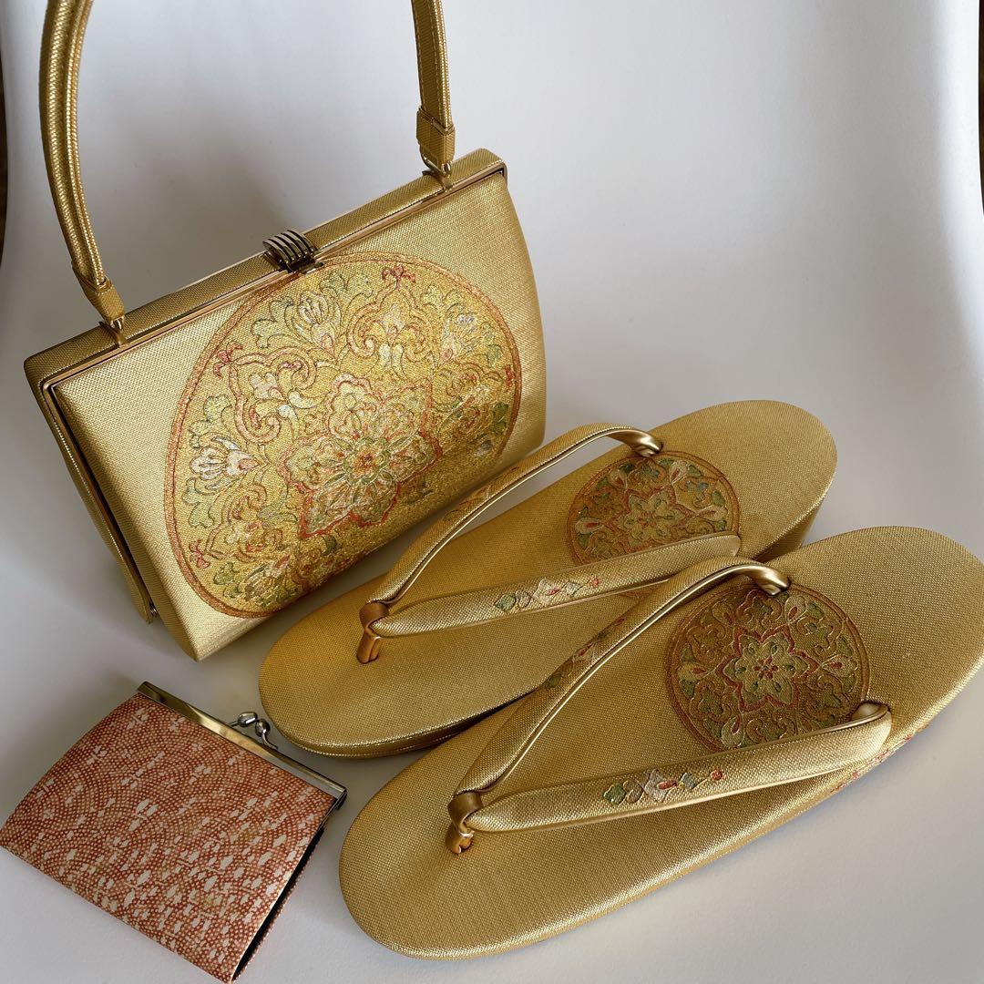 金色系 和装小物 三点セット（草履 鞄 小銭入れ）成人式 結婚式 卒業式 木箱入