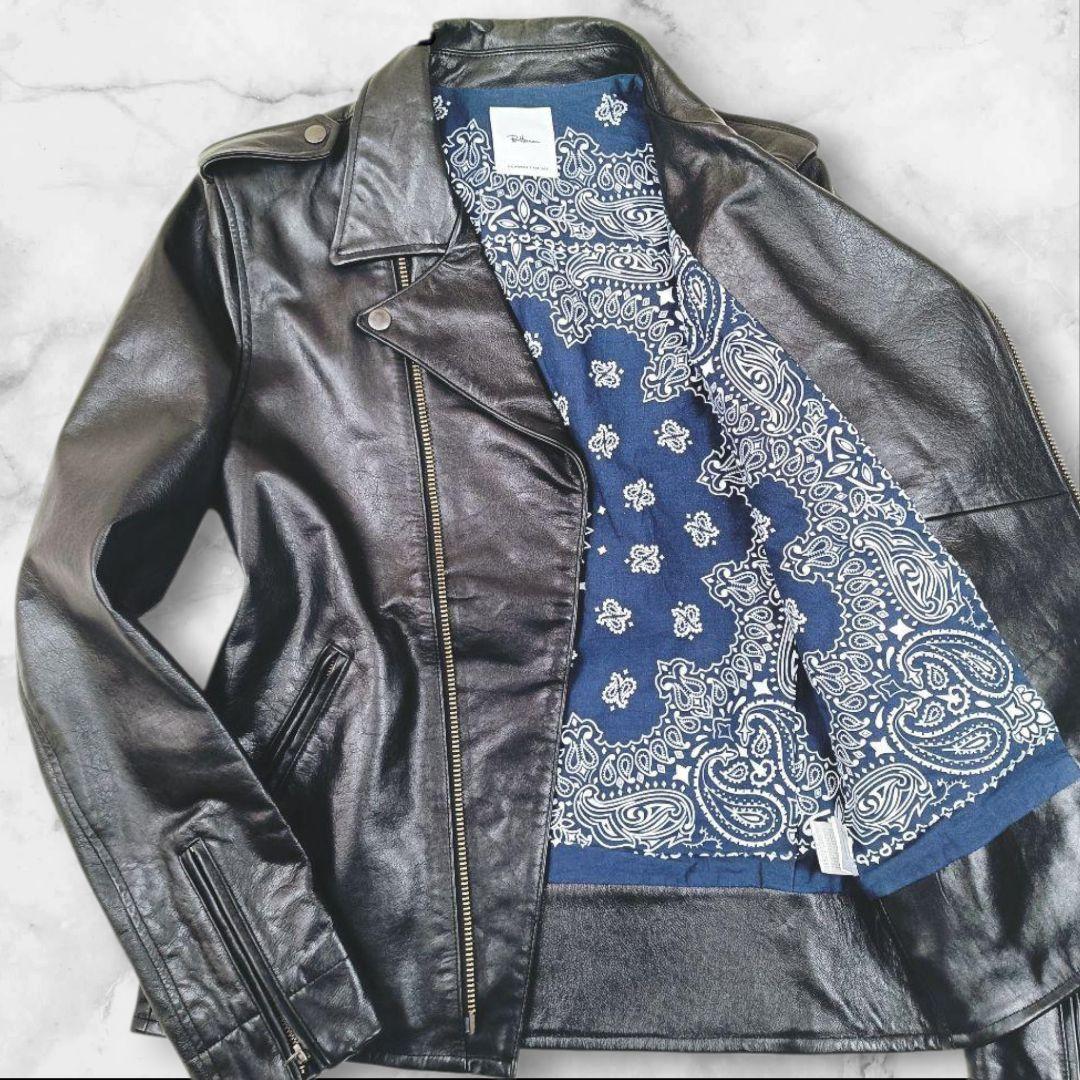 ロンハーマン ダブルライダースジャケット 牛革 ペイズリー柄 バンダイ柄 黒 L