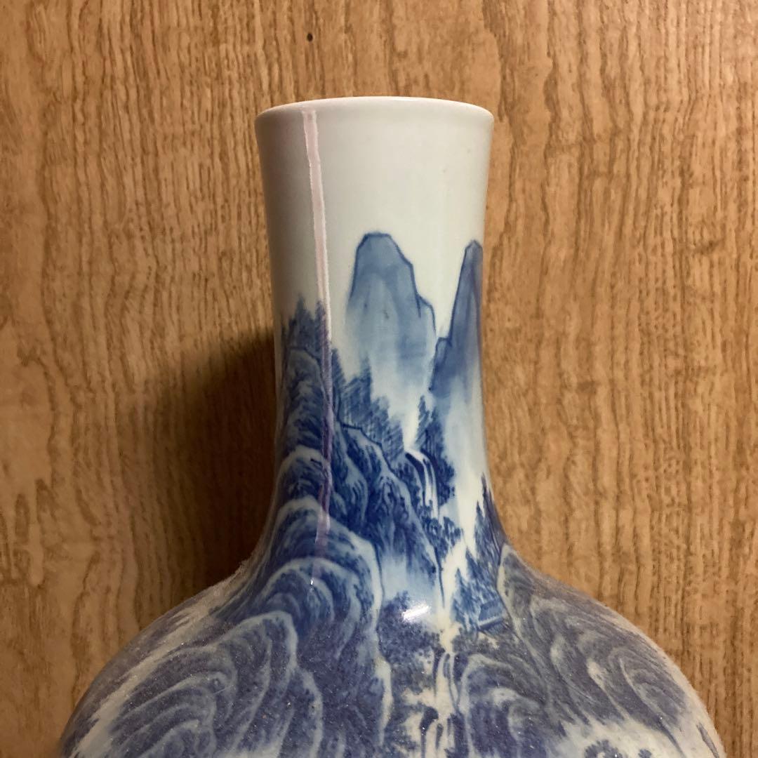 中国　染付　瓶　天球瓶　山水図　大清乾隆年製銘