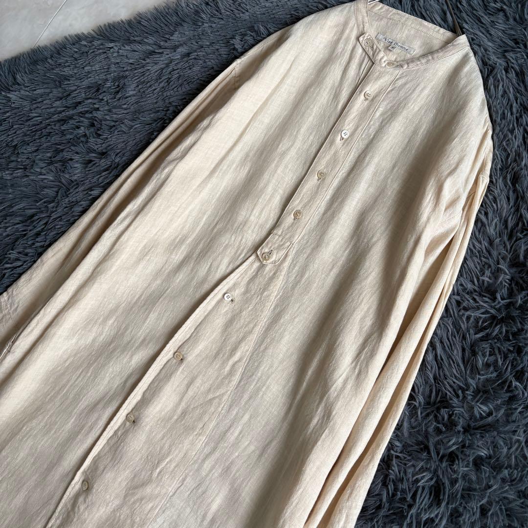 Vlas Blomme リネン100 バンドカラーワンピースF生成りロング日本製