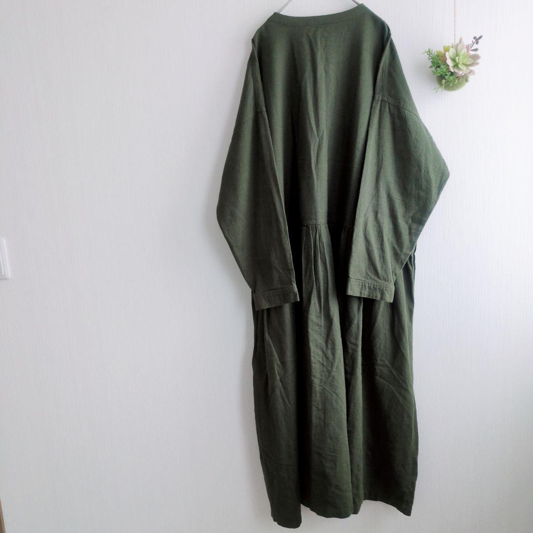 ソウルベリー 和の色 3L 千歳緑のワンピース バンドカラー 綿麻