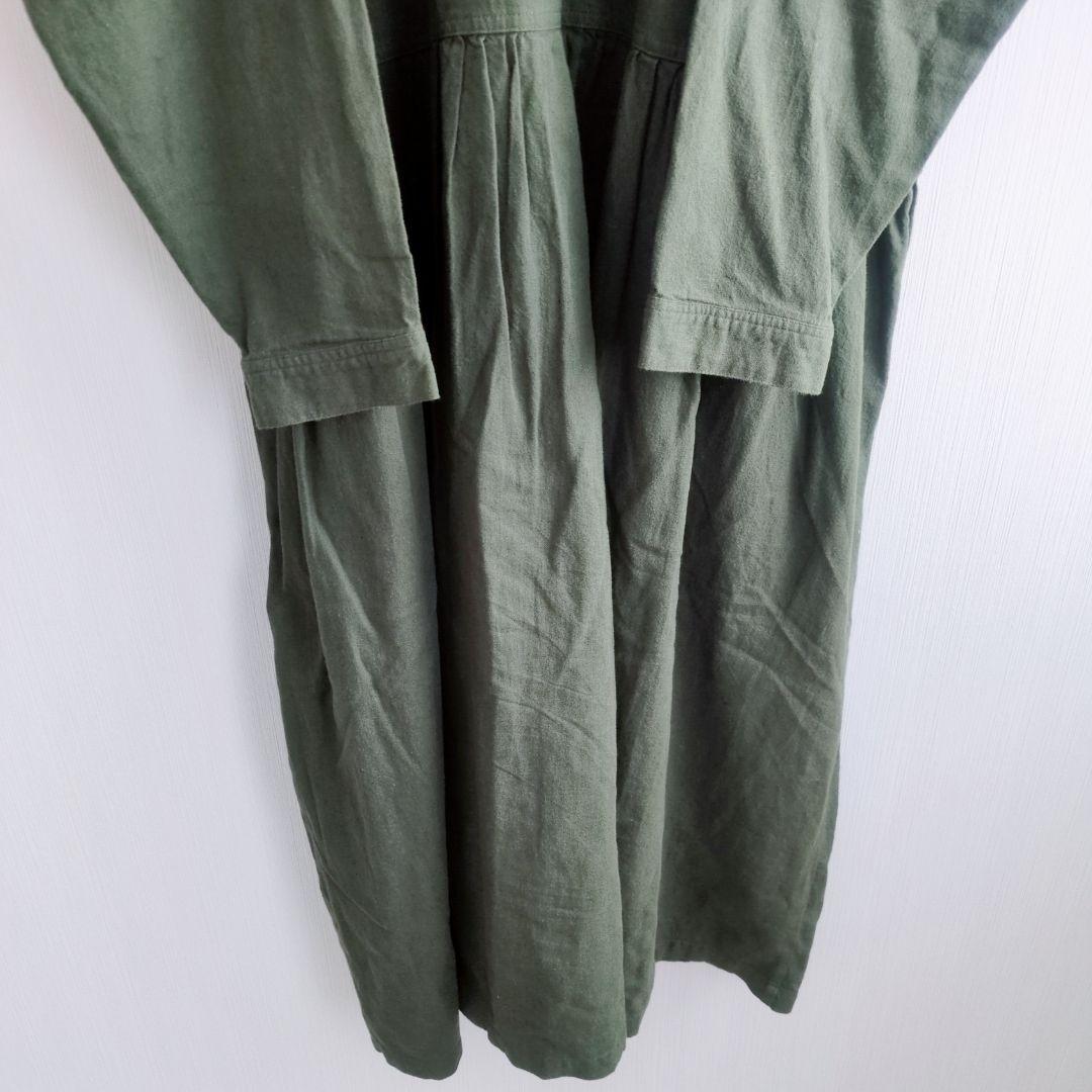 ソウルベリー 和の色 3L 千歳緑のワンピース バンドカラー 綿麻