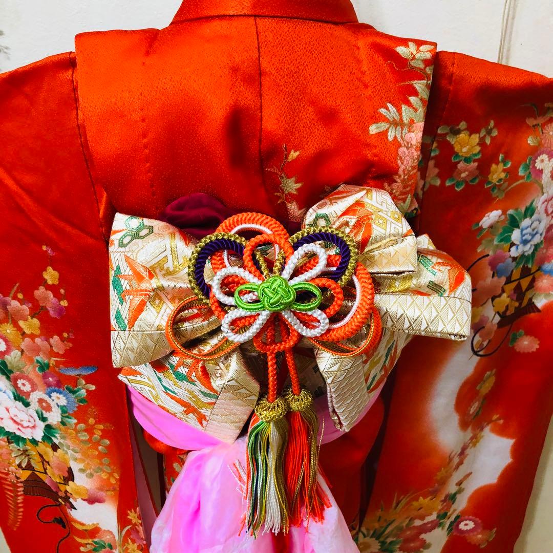 正絹七五三 女子着物 7歳❤️オレンジ可愛い花籠菊金彩金箔絢爛完全フルセット‼️