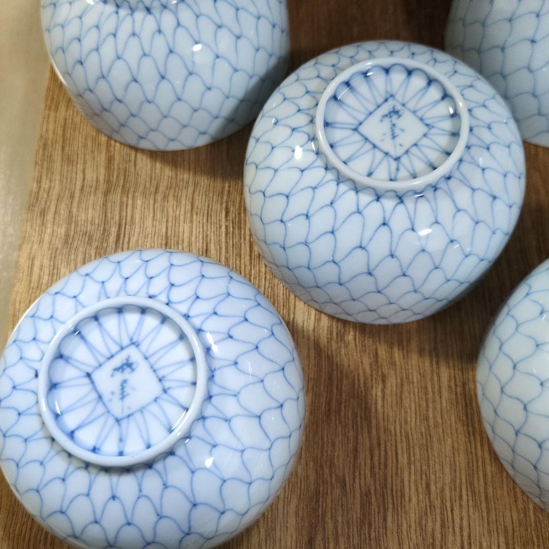 有田焼福峰窯　手描き 内外網目　蓋付き湯呑み　５客