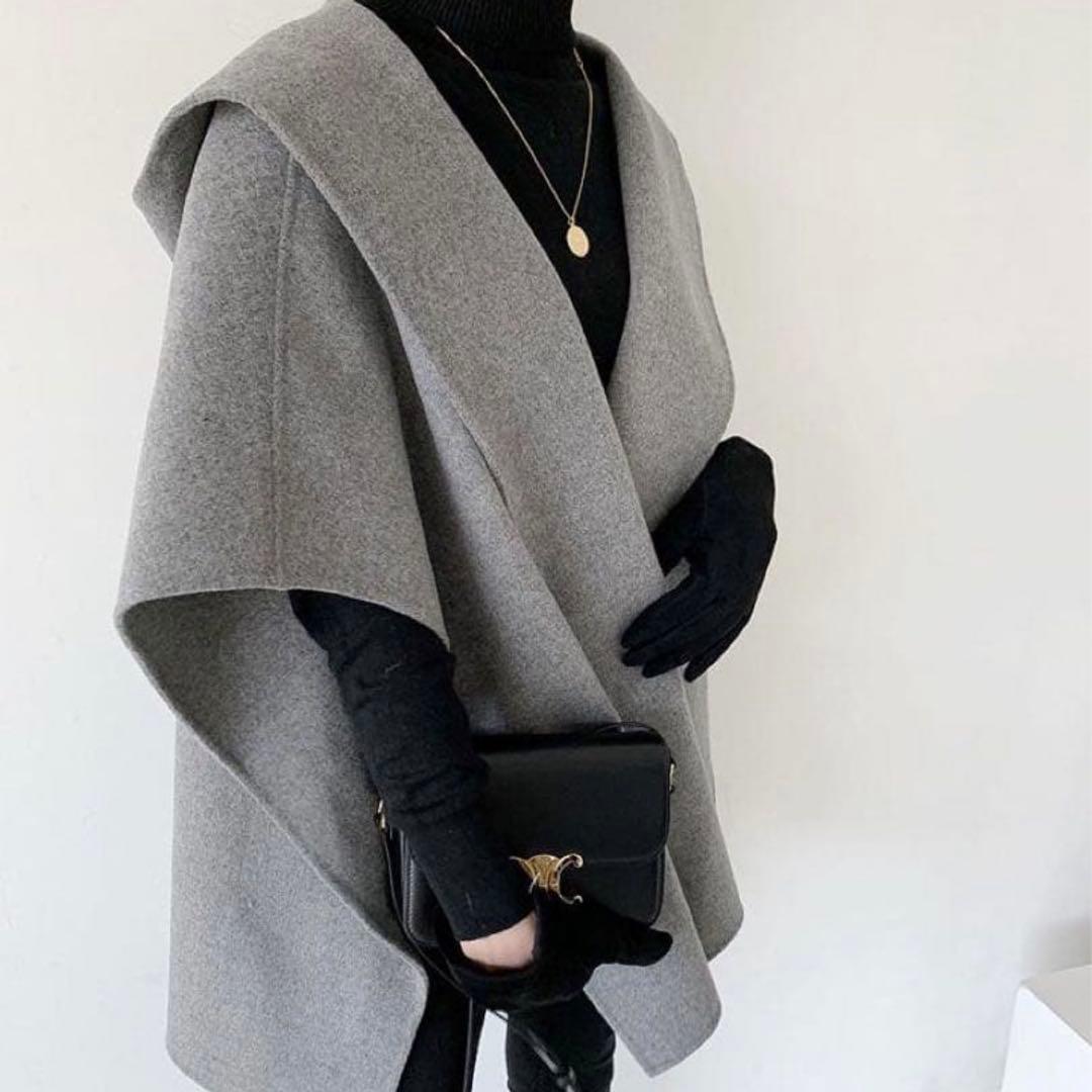 美品　バースデーバッシュ　フーディケープ　ポンチョ　フード　羽織　ウール　グレー