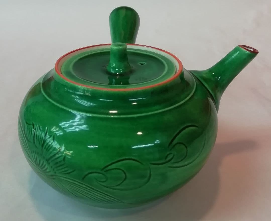 ２割値下げ!!京焼青交趾(あおこうち)？花彫急須　約350㏄170g