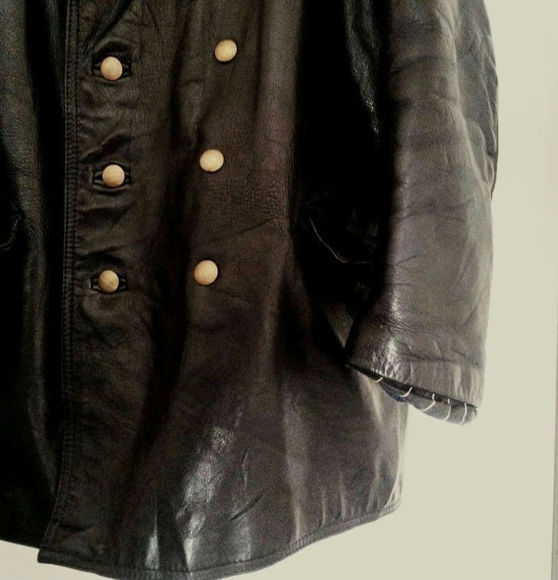 80s 独ポリスマンジャケット レザー カーコート ダブルブレスト
