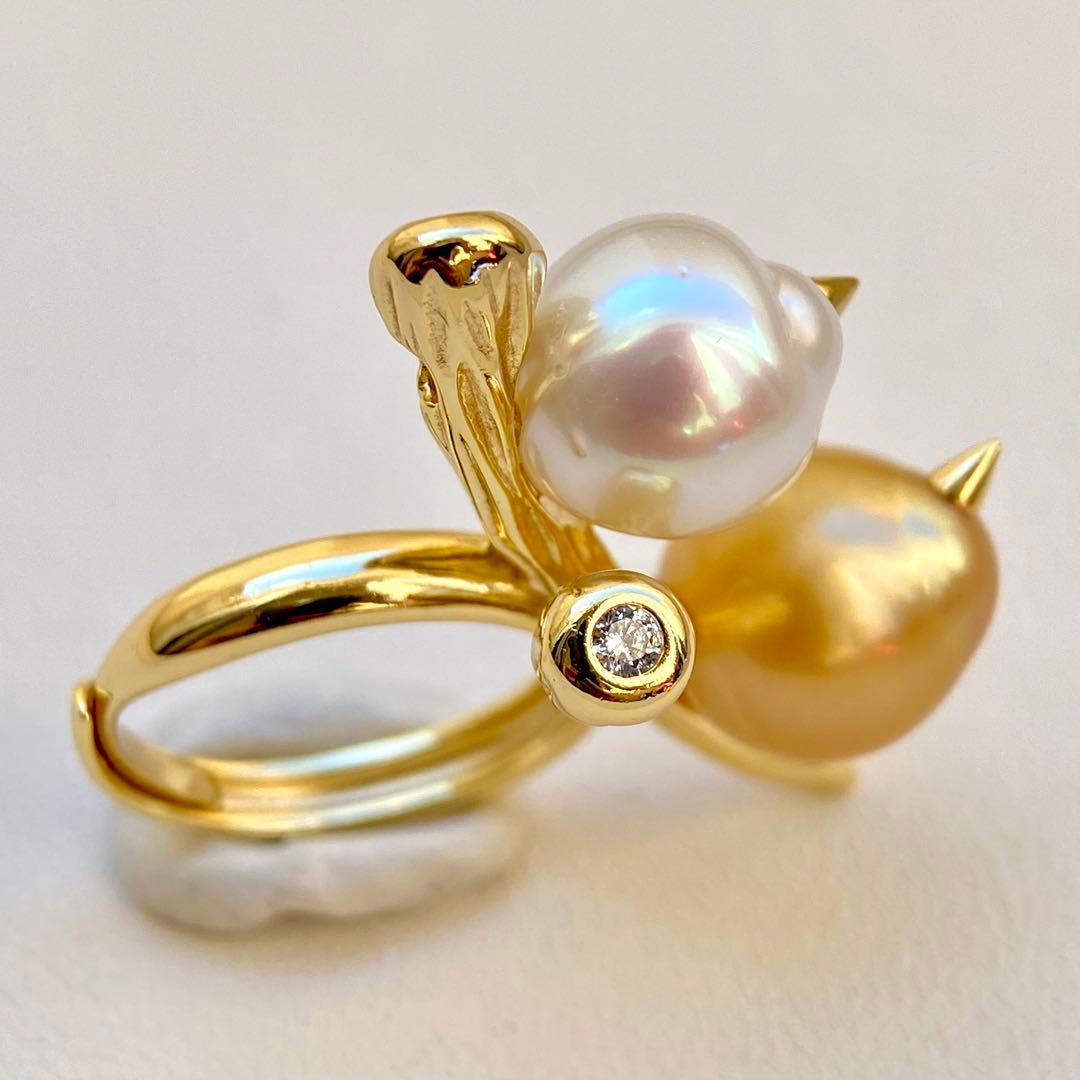 本真珠南洋白蝶真珠　茶金とホワイト無調「鳥と枝」s925リングY1059