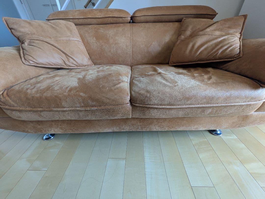 ​【送料込】2人掛け リクライニングソファ テックレザー キャメル クッション付