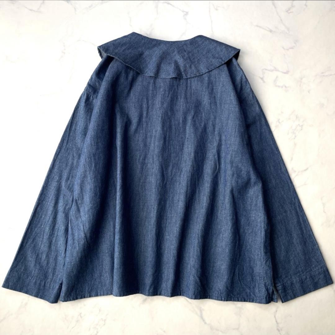 コットンハウスアヤ デニム フリルブラウス コットン ブルー Mサイズ