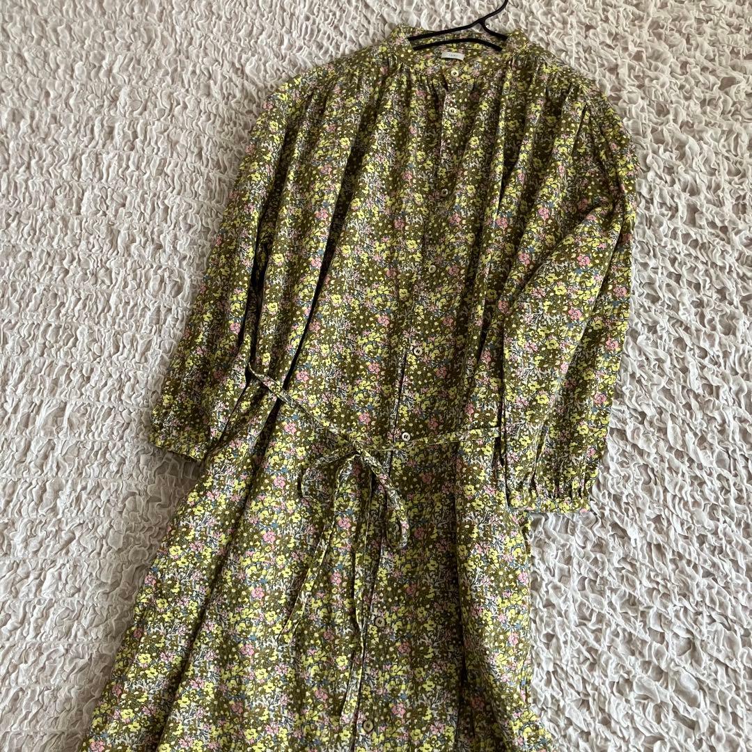 ichi イチ スタンドカラー　バンドカラー　小花柄　長袖ワンピース　リネン混