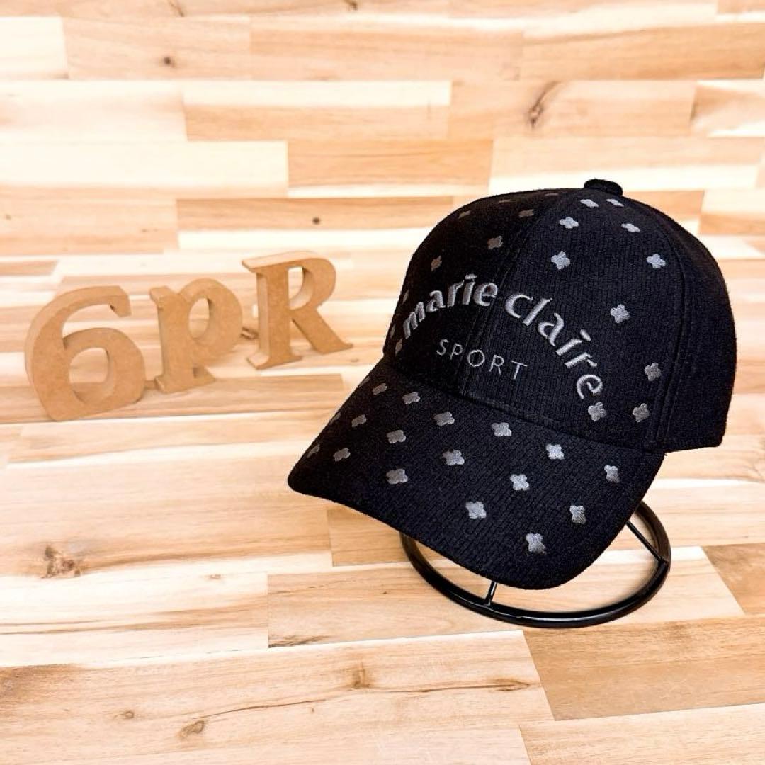 【マリクレール】フローラル ロゴ ゴルフ キャップ 花柄 黒ブラック×グレー