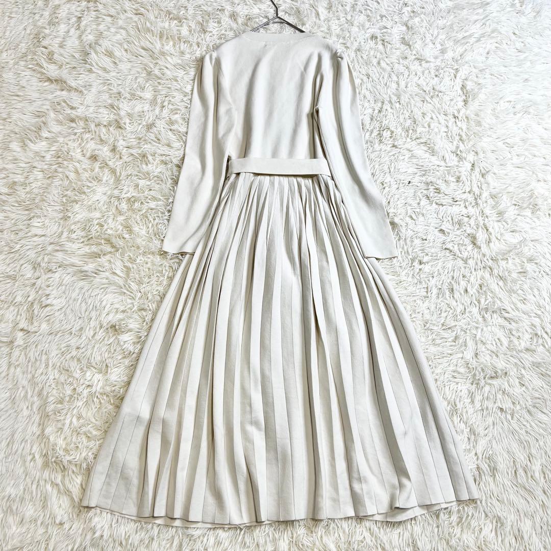 セルフォード ロングワンピース クリスタルプリーツニット リボン オフホワイト