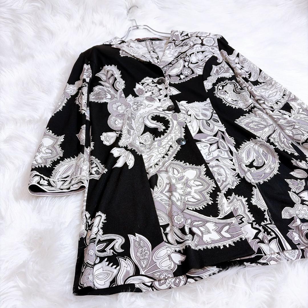 レオナール　カンカン素材　ジャケット　花柄　コート　Lサイズ　ホワイト　ブラック