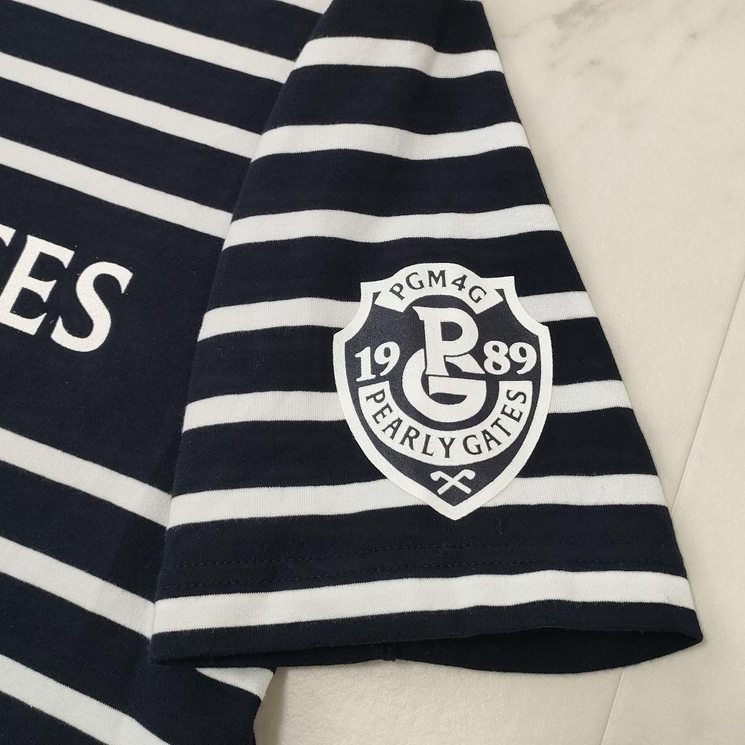 パーリーゲイツ　モックネック　半袖シャツ　ロゴ　ボーダー　白　濃紺　サイズ4