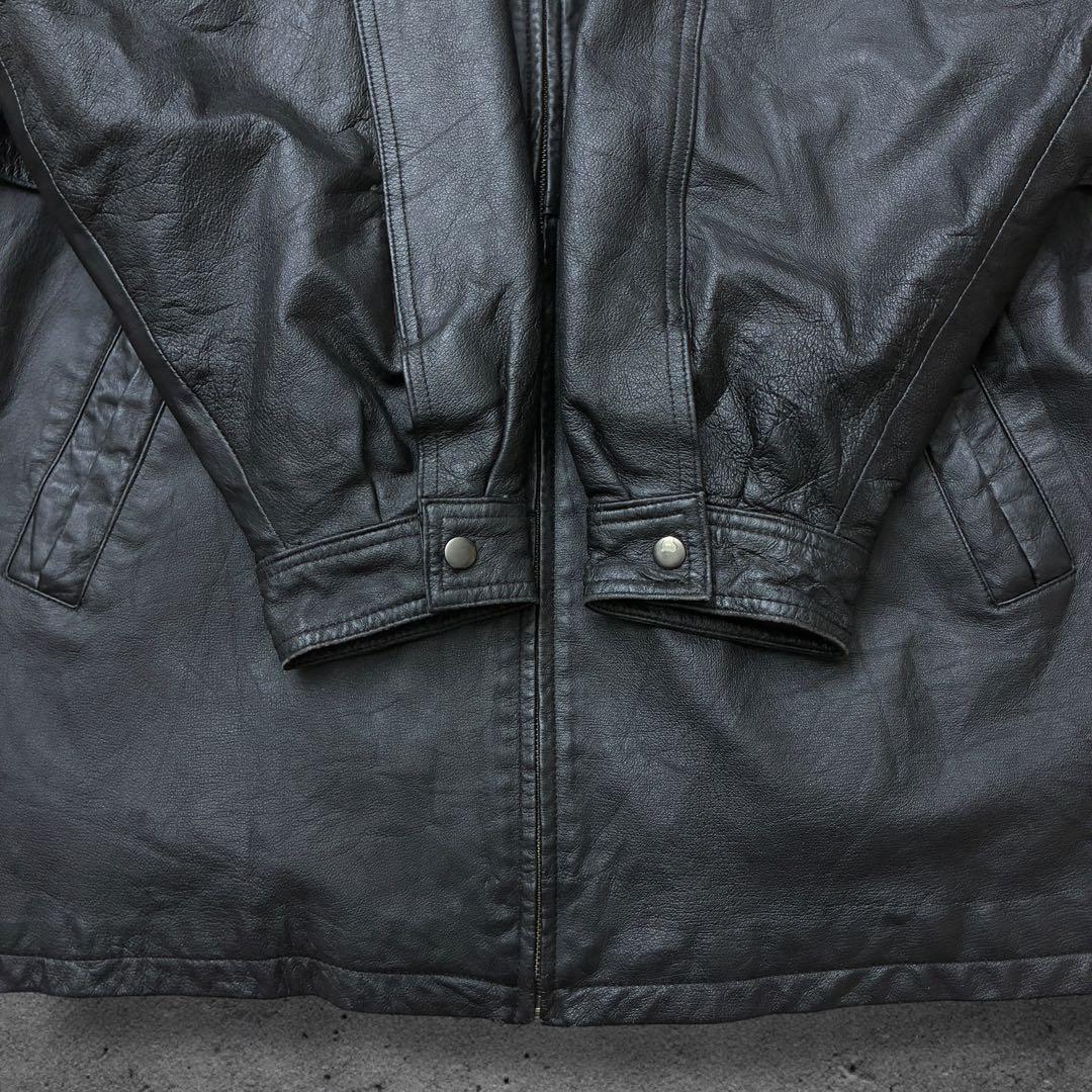 レザーハーフコート2XLフルジップブラック本革ドローコードスタンドカラーソリッド