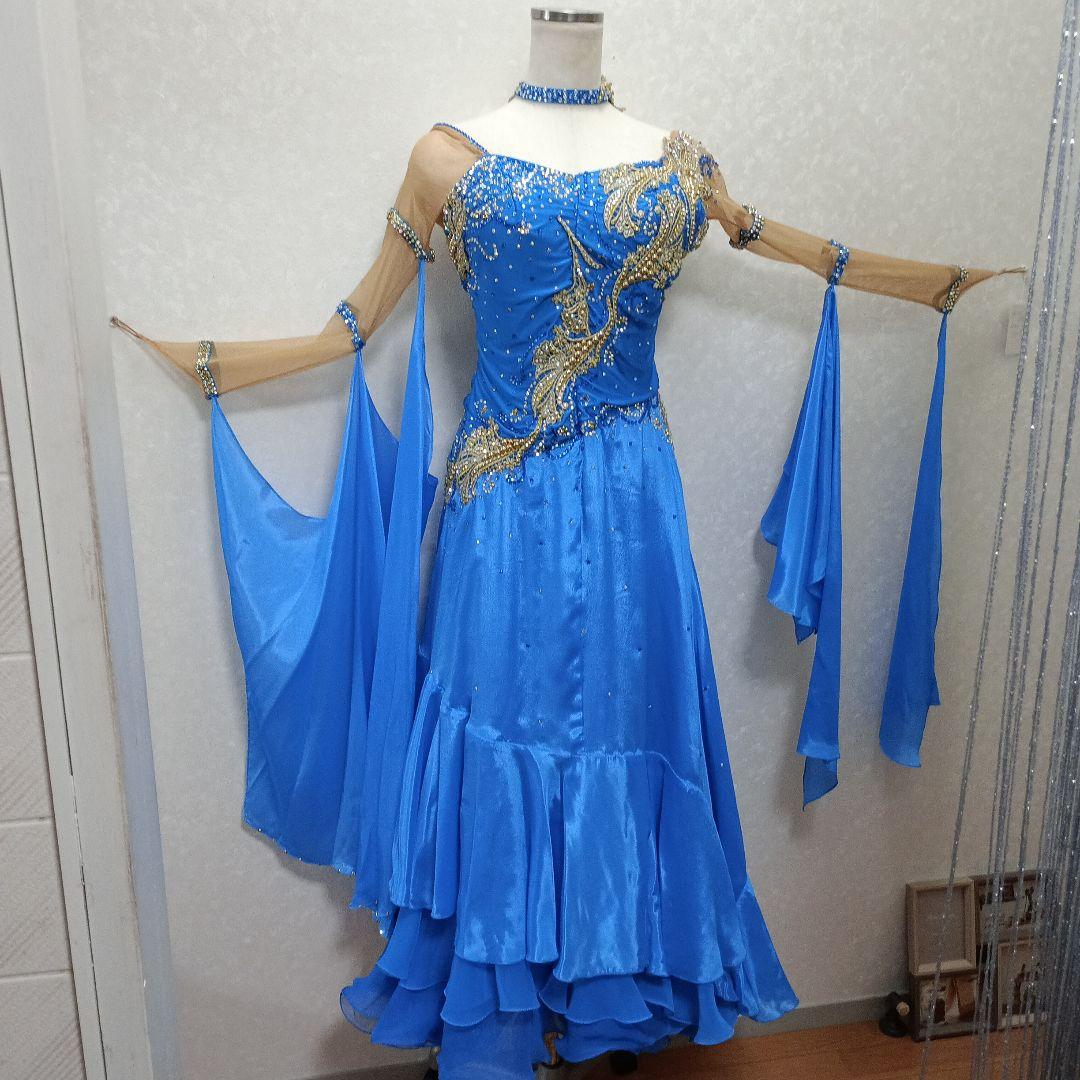 青い社交ダンスドレス ビーズ装飾