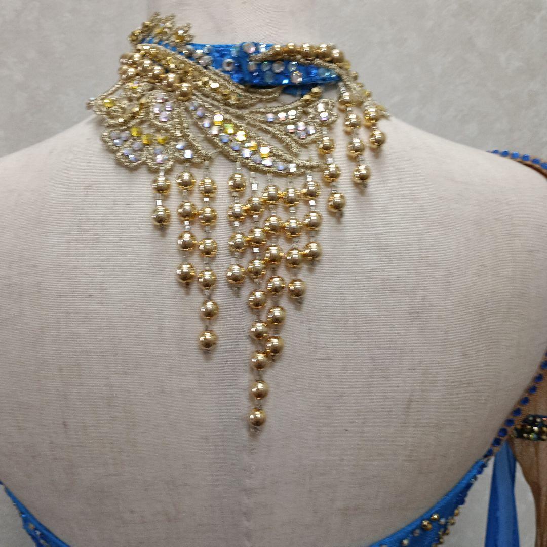 青い社交ダンスドレス ビーズ装飾