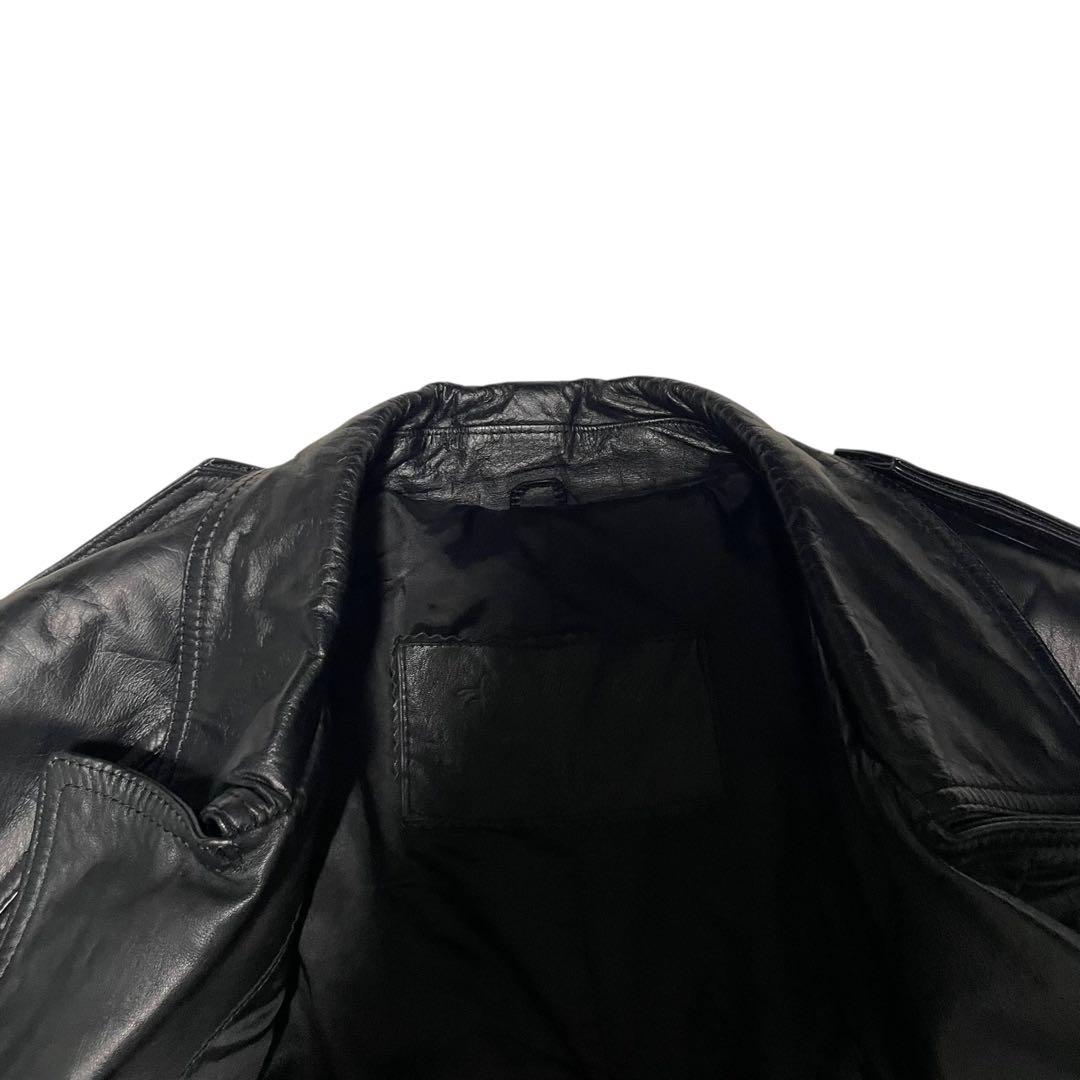 【vintage】牛革 カウレザーマキシ丈ダブルチェスターコート ベルト 黒 L