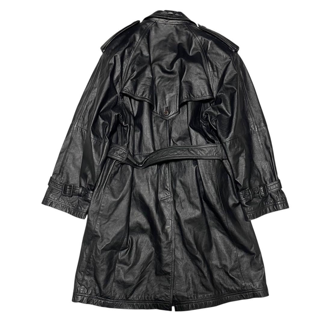 【vintage】牛革 カウレザーマキシ丈ダブルチェスターコート ベルト 黒 L