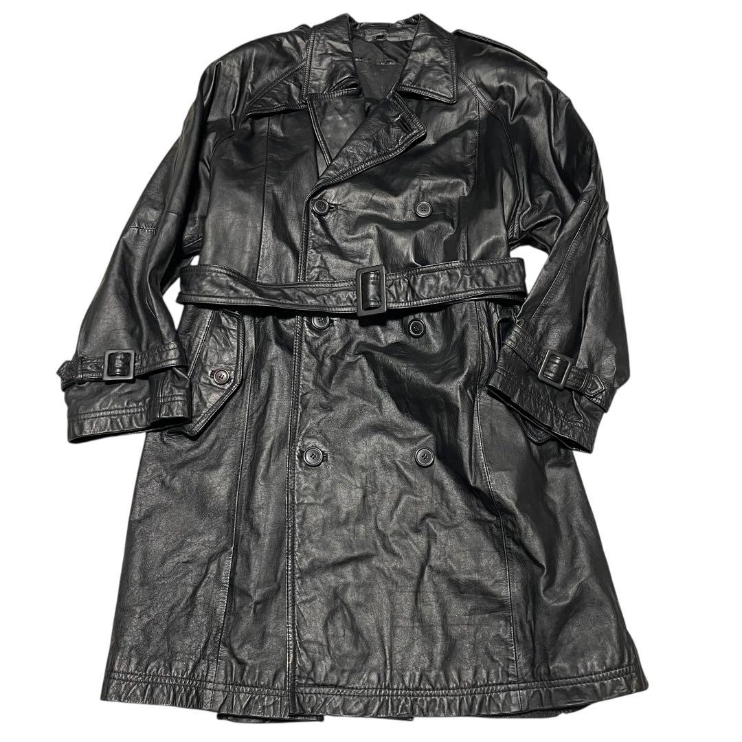 【vintage】牛革 カウレザーマキシ丈ダブルチェスターコート ベルト 黒 L
