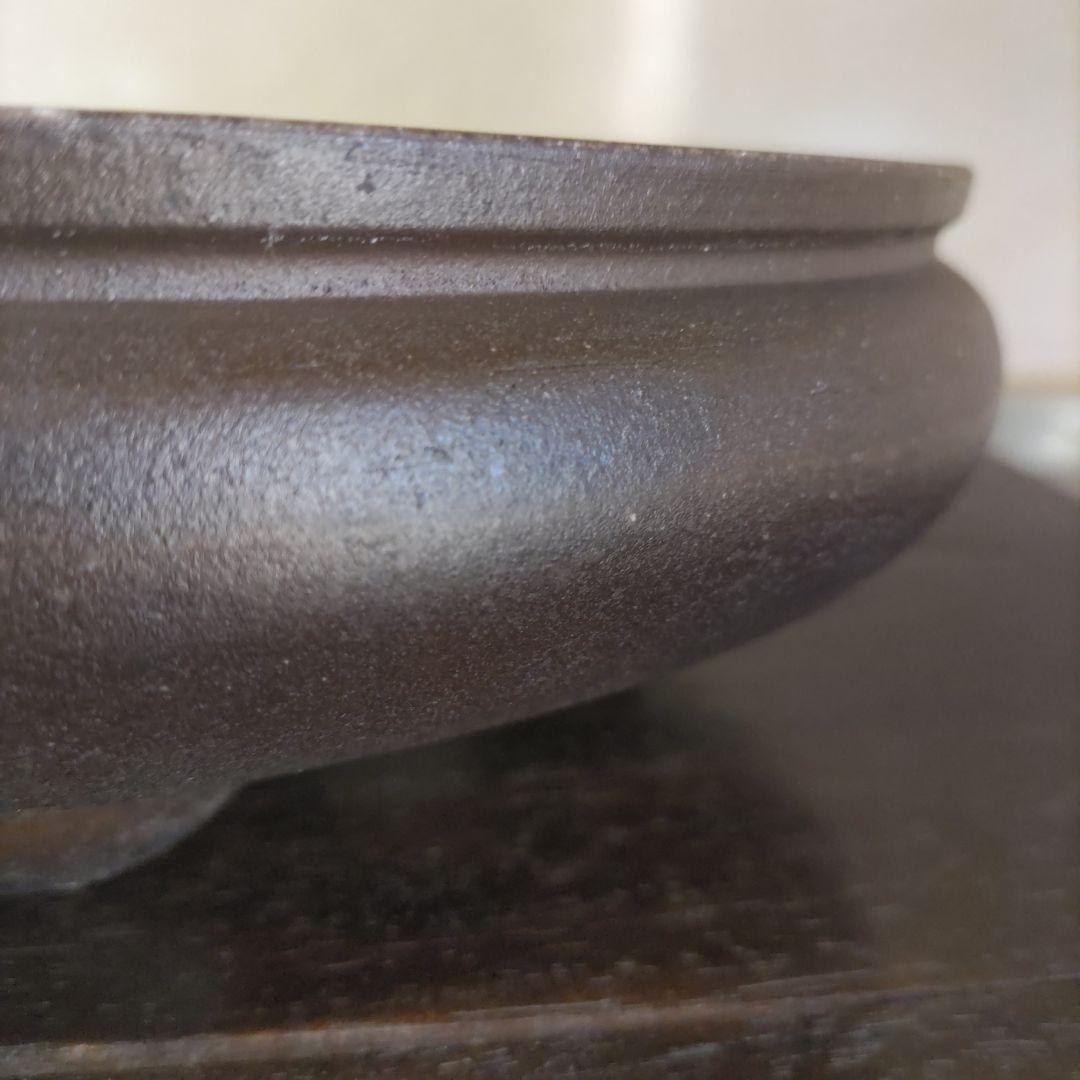 翼記、落款、紫泥袋式楕円鉢、盆栽鉢、植木鉢、古鉢、年代鉢、