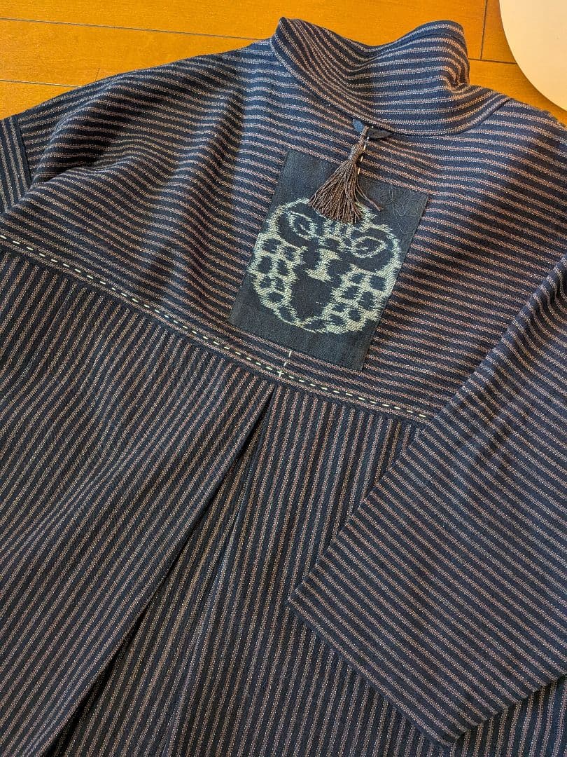 古布リメイク♥ワンピース　縞木綿＆絵絣合わせ