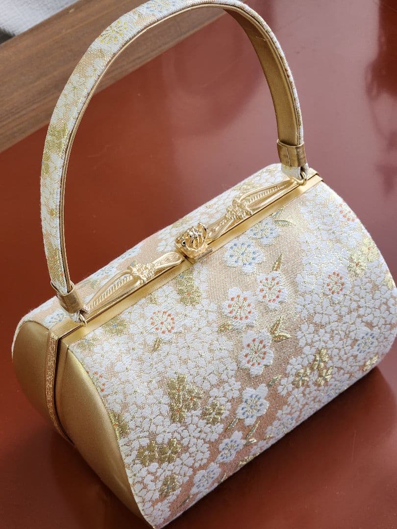 【美品＊】桜の和装バッグ　白　金