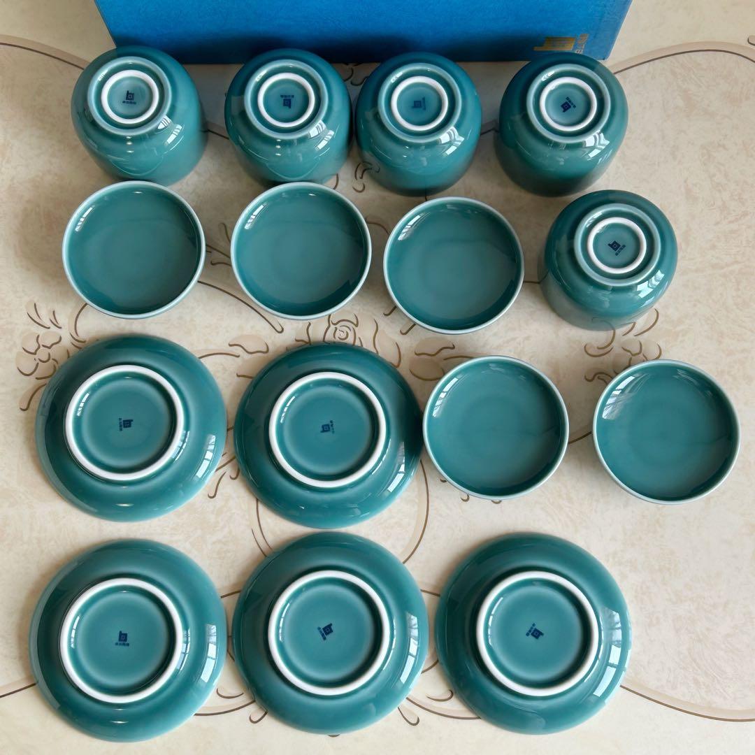白山陶器　青磁　蓋付き碗揃　五客セット　茶碗蒸し碗　小皿　トルコブルー