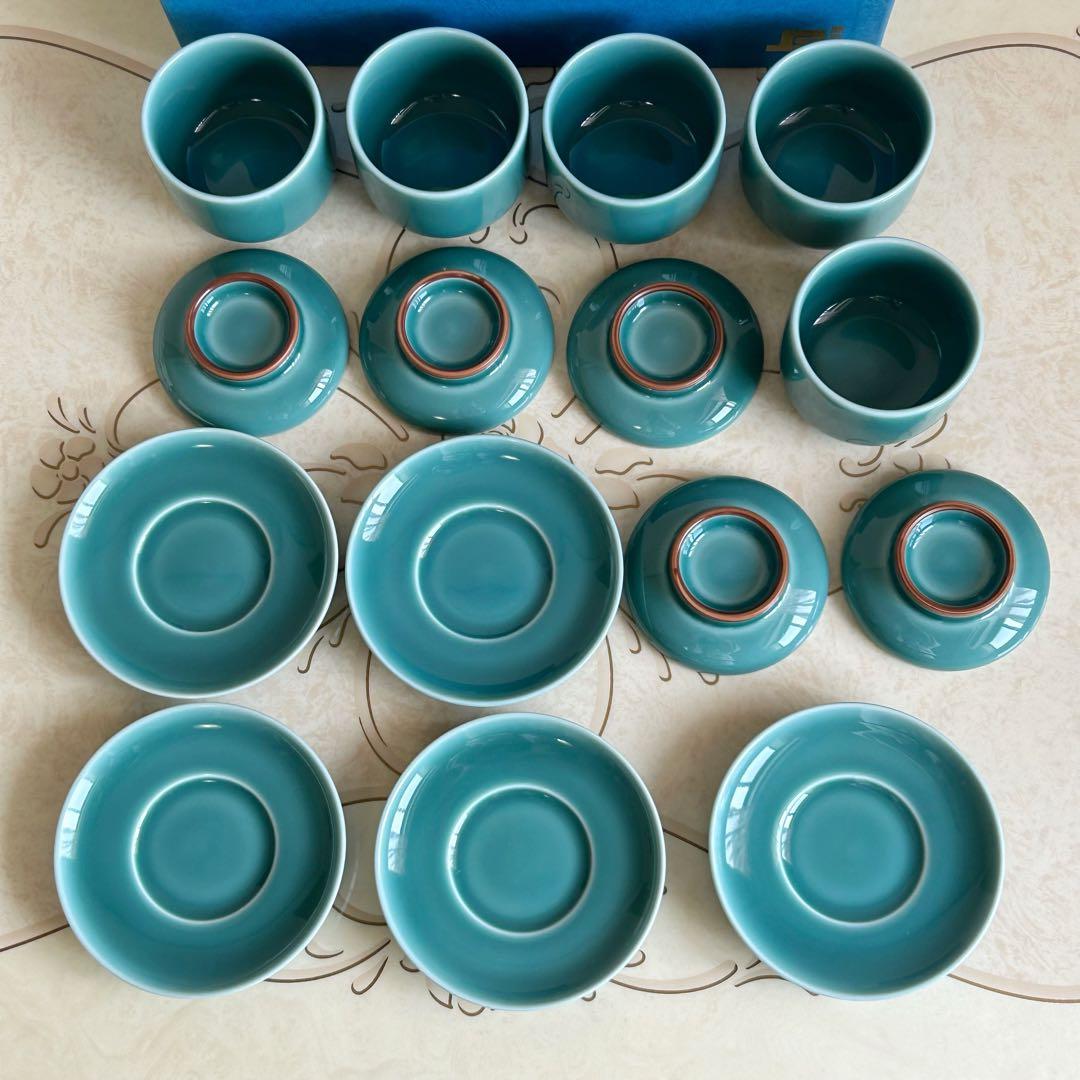 白山陶器　青磁　蓋付き碗揃　五客セット　茶碗蒸し碗　小皿　トルコブルー