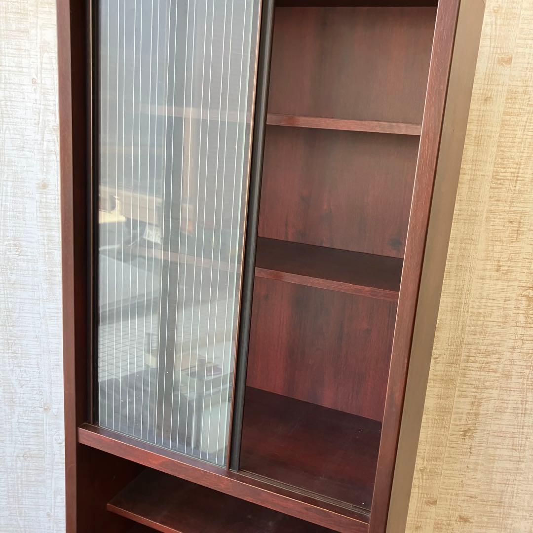 昭和レトロ 古家具 ストライプガラス戸 木製 食器棚 カップボード サイドボード