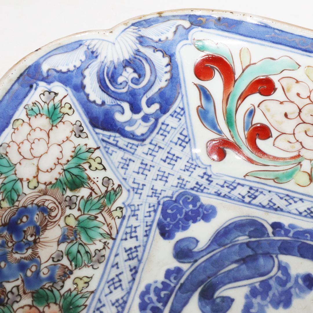 古伊万里 染錦 龍 唐獅子 牡丹　大平四方皿
