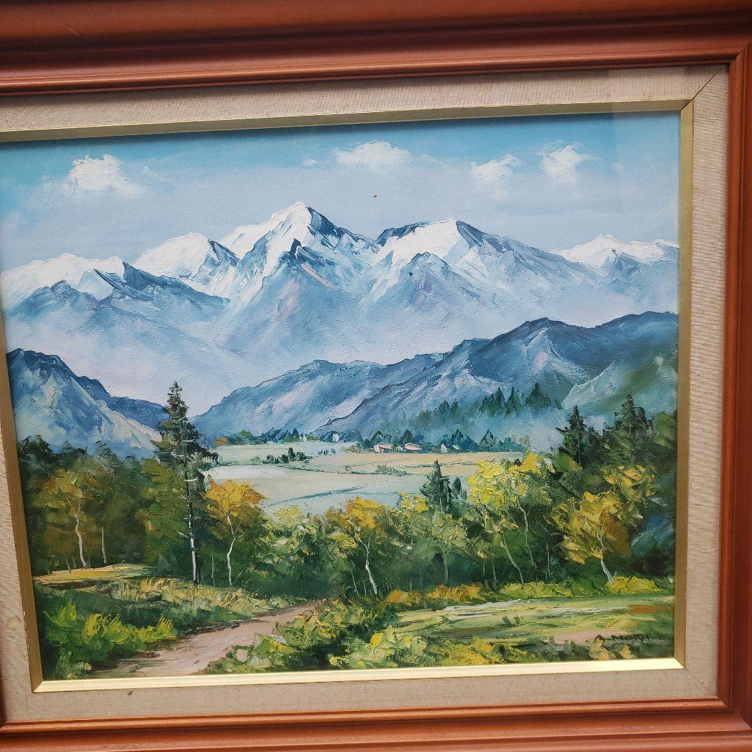 山と湖の風景 油彩画