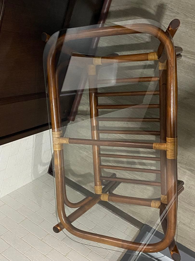 ラタン ガラストップ センターテーブル ヴィンテージ 家具 籐製 昭和レトロ