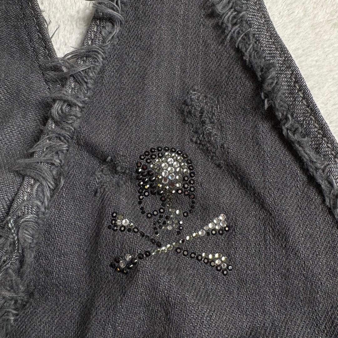 Roen ブラックデニム　クラッシュ　ダメージ加工ベスト　スカルスワロフスキー