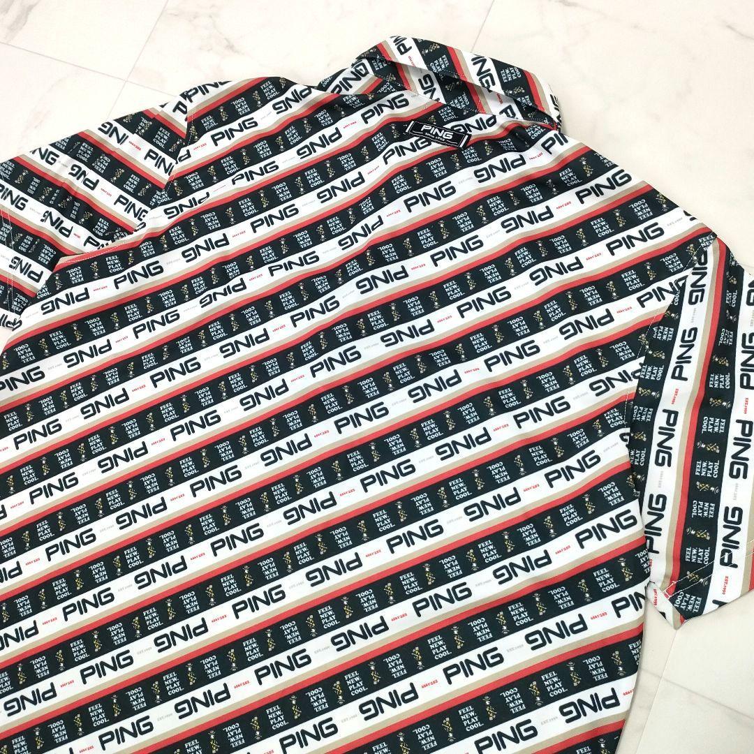 【極美品】PING　ゴルフ　半袖シャツ　ロゴ総柄　ストライプ　ストレッチ　3L