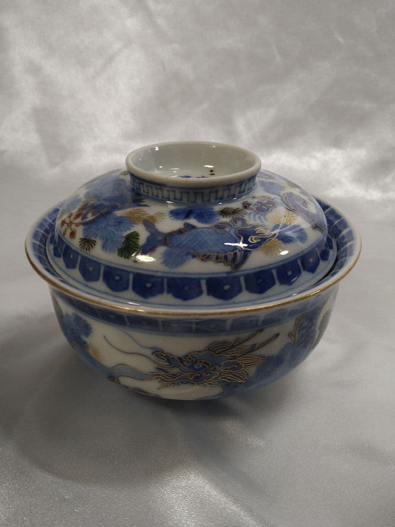 伊万里焼 染付金彩 龍と双魚の図 煮物碗 蓋物 ５客 大明嘉慶年製文