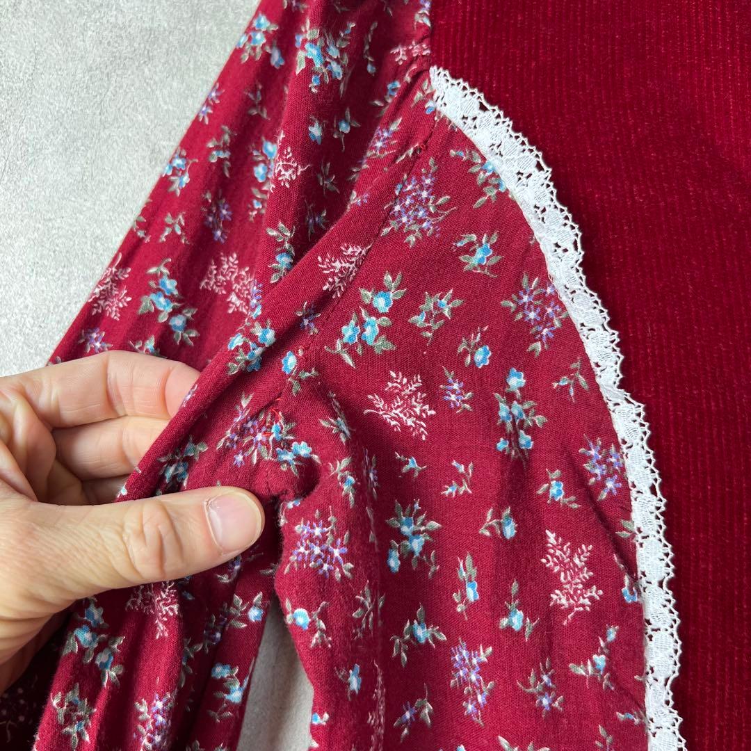 70s 80s USA古着 ワンピース コーデュロイ切替 花柄 vintage