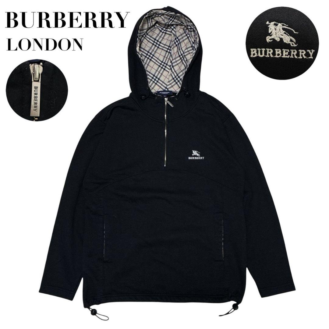 美品✨バーバリーロンドン パーカー ノヴァチェック ハーフジップ 刺繍ロゴ 黒