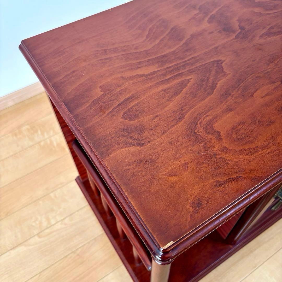 四国工芸 木製 ガラス格子戸付 キャスター ワゴン キャビネット 昭和レトロ