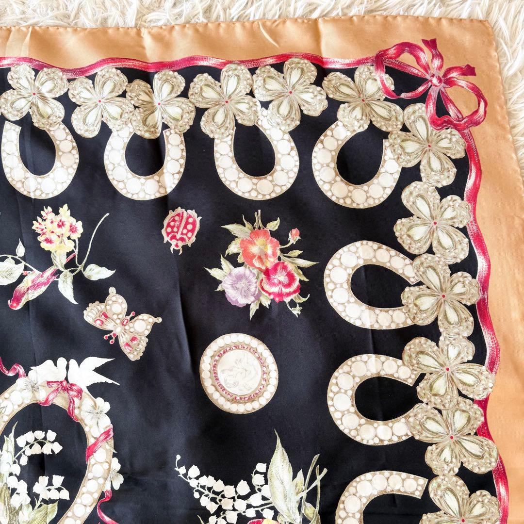 【美品】ディオール 大判シルク スカーフ Diorロゴ 花 鳥 トンボ リボン