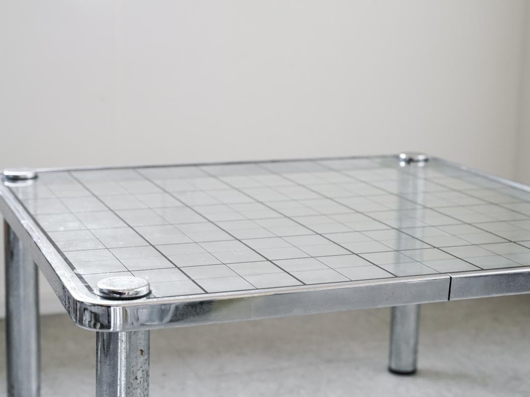 ポストモダン ヴィンテージ メタル×ガラステーブル 格子柄 ミッドセンチュリー