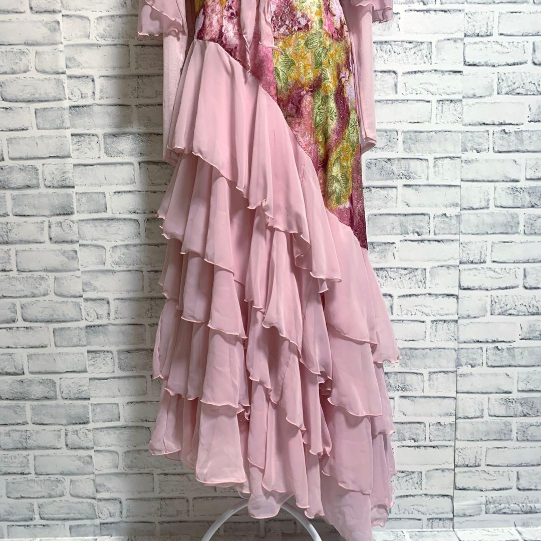 【T&Y】社交ダンス　花柄　アシンメトリー　ピンク系　ドレス