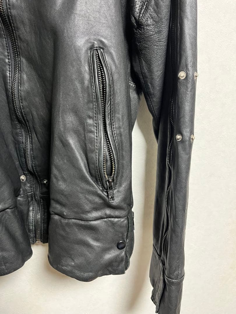 本革 レザージャケット フード一体型 ブラック 多ジップ バイカー モード系